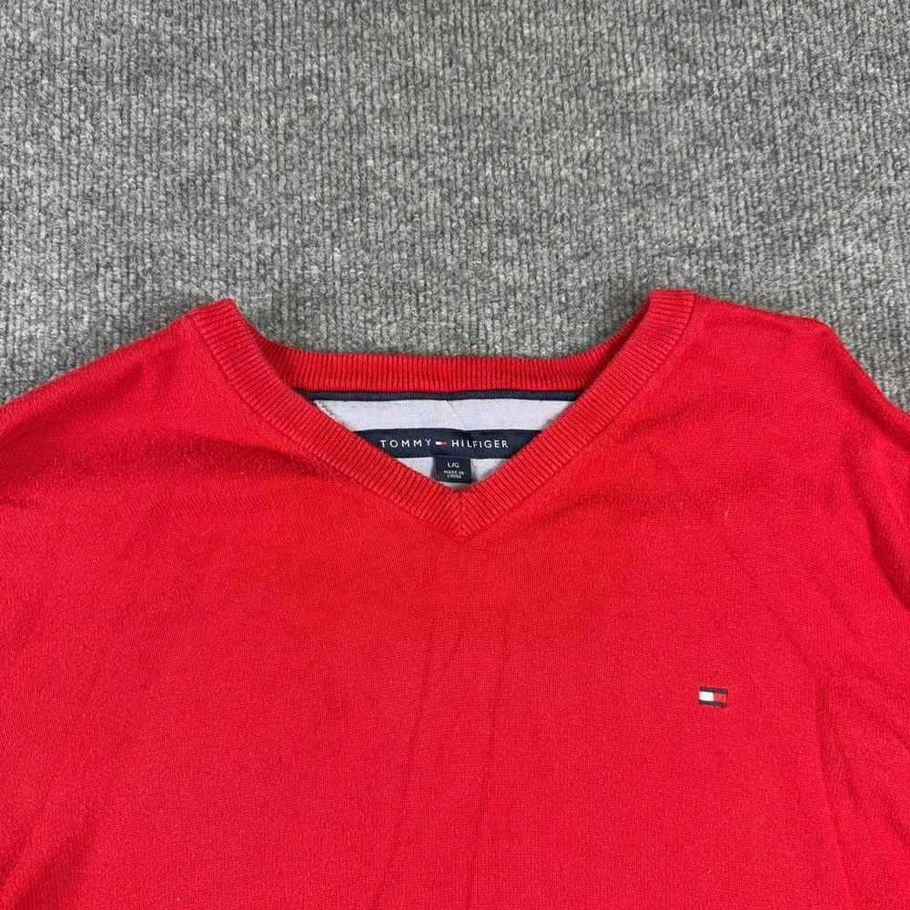 Tommy Hilfiger Sweater Mens Large Red V Neck Flag Logo Cotton Knit Pullover